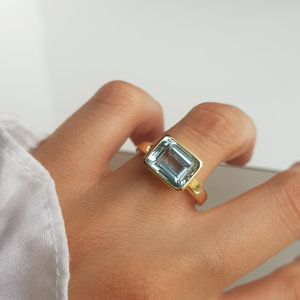 Anillo de Compromiso y Boda Unisex de Oro Sólido de 14K con Aguamarina Natural Corte Esmeralda, Alta Calidad, Piedra de Nacimiento de Marzo, Solitario, Regalo para Ella - Product Image 2
