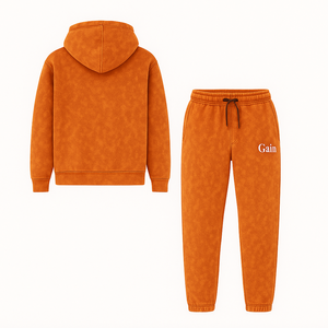 Ensemble de survêtement streetwear d'hiver orange délavé à l'acide et usé avec logo Gain, comprenant un sweat à capuche et un pantalon de jogging - Product Image 5