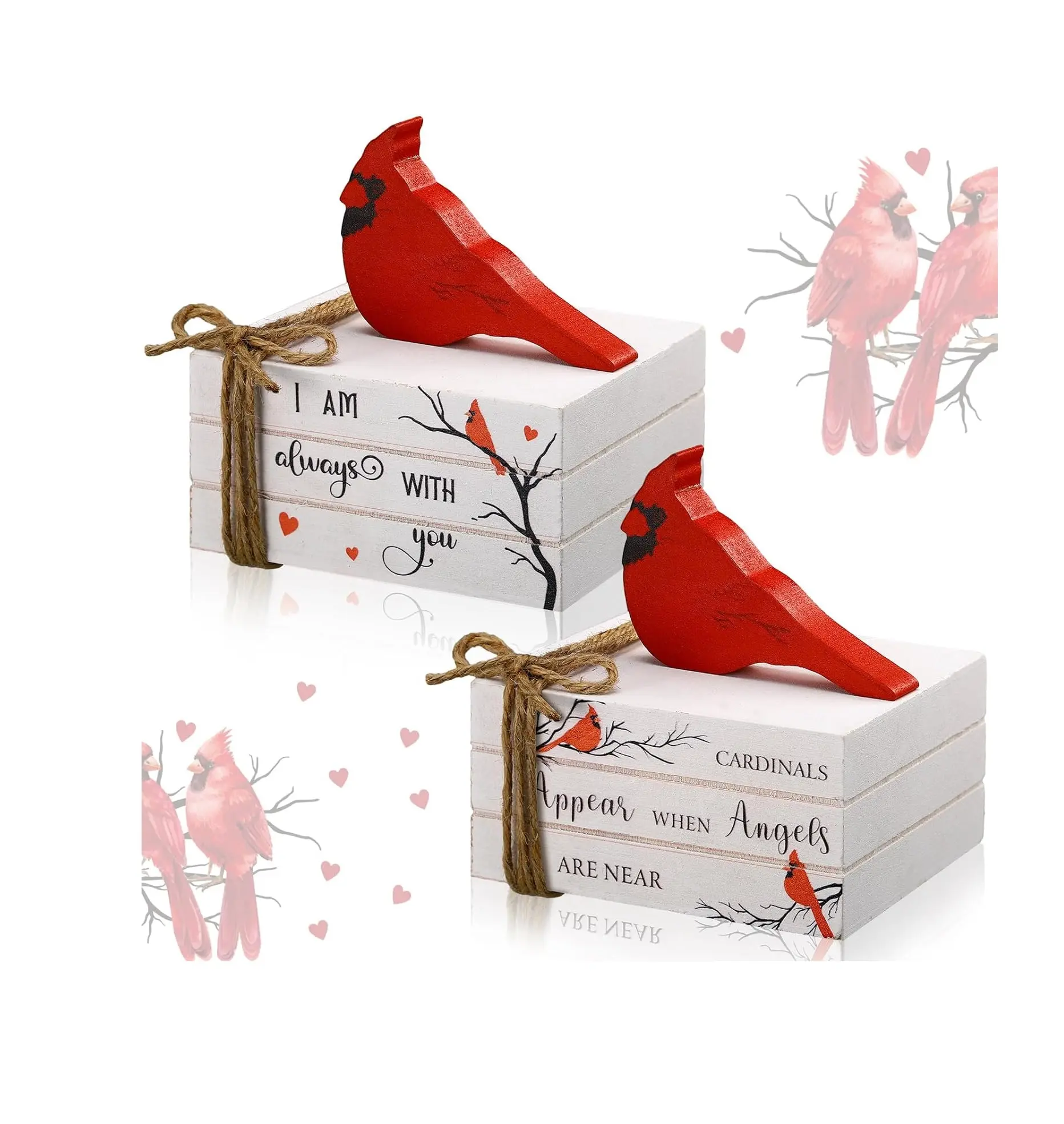 2 Set kardinal ahşap kitap yığını kırmızı kuş noel katmanlı tepsi dekor kırmızı sempati hediye hatırlama hediye kaybı çiftlik için