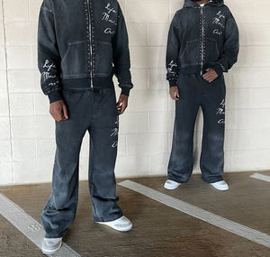 Ensemble pantalon de survêtement évasé et sweat à capuche personnalisé poids lourd vieilli Boxy partout imprimé strass délavé à l'acide pour hommes - Product Image 4