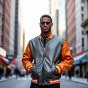 แจ็คเก็ตนักปั่นจักรยานหนังโอเวอร์ไซส์สำหรับผู้ชาย, เสื้อแจ็คเก็ตนักปั่นจักรยานแบบสตรีทแวร์กันลมมีกระดุมปกหนัง - Product Image 1