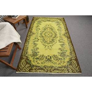 Alfombra de retazos de lana Vintage 3,9X7,1 pies Respaldo de látex marrón amarillo Sala de estar Dormitorio Piso Rectangular Pasillo Patrón - Product Image 1