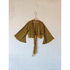 เสื้อครอปแขนกระดิ่งสำหรับผู้หญิงใส่ในฤดูร้อนเสื้อครอปผูกโบว์ผ้าไหมลายดอกไม้วินเทจใส่ไปปาร์ตี้เสื้อครอป - Product Image 2