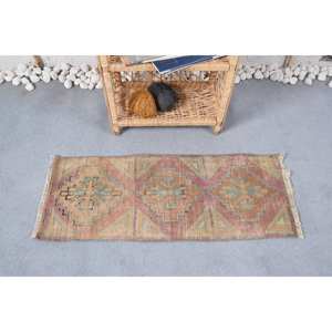 Tapis en Laine Vintage de 1.3x3,3 pieds, Motif Géométrique Bleu Brun, Rectangle Abstrait, Patchwork, Latex pour Couloir et Chambre à Coucher - Product Image 1