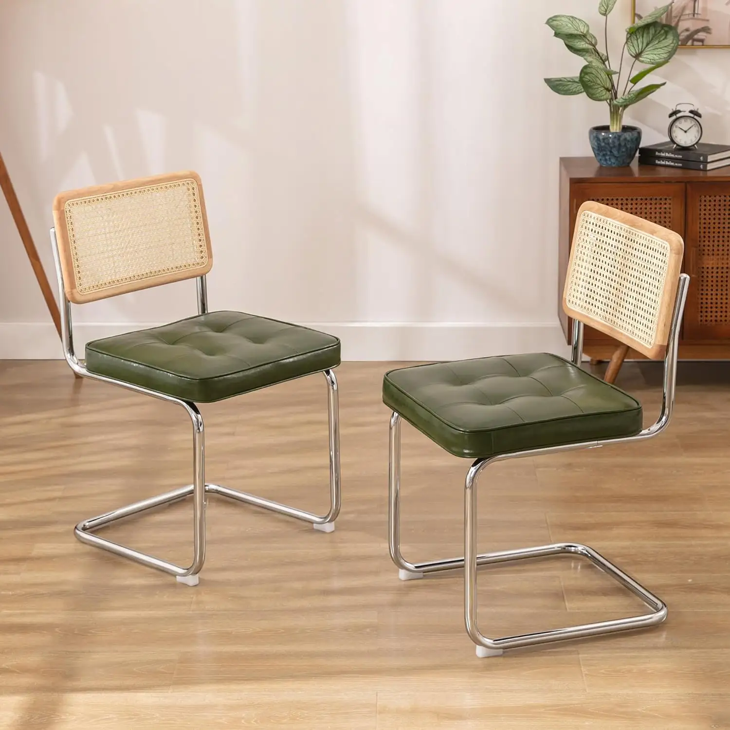 luxus vintage mittelalter moderne stühle mit metall chrom beinen armlose netz-rückseite cane rattan rückenlehne polsterung für esszimmer