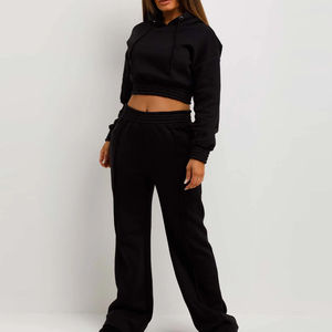 Best Material Autumn Casual Knitting 100%Cotton Long Sleeve Fleece Hoodie and Sweat Pants Two Piece Set Gym Tracksuit For Women - Product Image 4