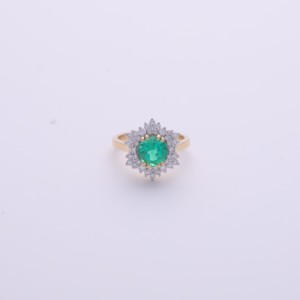 IGI Certified Round Cut Emerald Sunburst Halo Diamond Ring in 9K Yellow / White & Rose Gold - Product Image 1