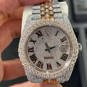 Reloj de ajuste de diamante de moissanita de estilo lujoso, esfera romana, función de fecha, movimiento de cuarzo helado, Hip Hop para hombres y mujeres - Product Image 1