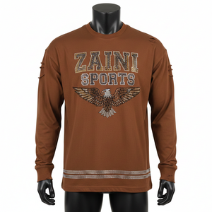 Camiseta de Manga Larga de Lujo, Rica en Algodón, Suave al Tacto, Tejido Marrón Resistente, Logotipo de Pedrería Termoadhesivo, Camiseta para Hombre - Product Image 6