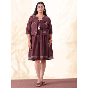 Deebaco Women's Brown Plus <b>Size</b> Cotton Embroidered Floral A-Line <b>Dress</b> With Shrug Knee-Length Bohemian Casual <b>Summer</b> Style - Product Image 6