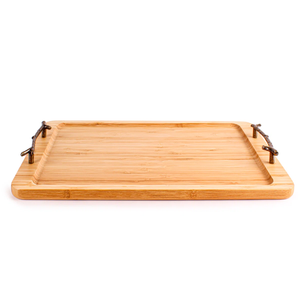 Bandeja para servir de madera de acacia con asas de metal, bandeja de madera Rectangular para cocina, comedor y decoración del hogar, novedad - Product Image 1