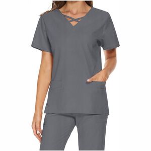 Conjuntos de uniformes médicos cuello alto manga corta cómodos uniformes de enfermería tejidos para mujeres con múltiples bolsillos de alta calidad - Product Image 1