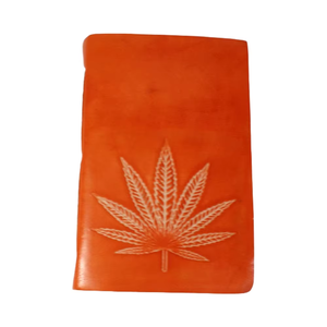 Papel de cáñamo reciclado, color naranja, diario de cuero TC de cabra genuino con hoja de cáñamo en relieve en la portada - Product Image 1