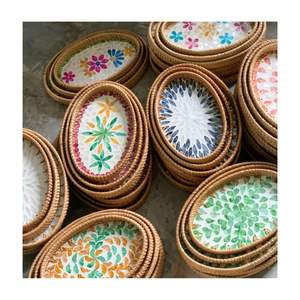 Plateau rond décoratif en rotin avec incrustation de nacre Taille personnalisée Plateau en rotin incrustation de nacre Décoration de la maison - Product Image 5
