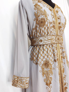 Moderno marroquí gris Kaftan SunProof bordado Hijab cuello alto manga completa modesto vestido islámico Georgette tela ODM - Product Image 5