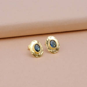 Iolite Hydro <b>Quartz</b> Stud <b>Earrings</b> Trendy Wholesale Gold Plating Bezel Set Oval Shape with Hammered Texture Made of Brass - Product Image 4