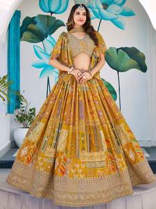 Jaune multicolore imprimé Chinnon soie Dori Zari broderie coton Lehenga ensemble réversible Salwar Kameez décontracté fête mariage - Product Image 6
