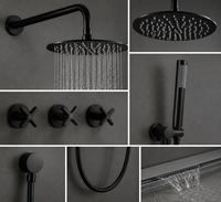 Ensemble de douche encastré moderne minimaliste noir mat brossé tout en cuivre, qualité hôtelière, mural, avec pommeau de douche pluie