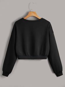 Noir recadrée sweat femmes col rond coton polaire pull à manches longues côtelé poignets personnalisé blanc décontracté Streetwear vêtements - Product Image 2
