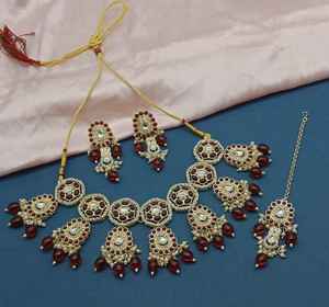 Nuevo diseño elegante chapado en oro tradicional Motipearl & Drop Kundan tachonado gargantilla collar pendiente Mangtika conjunto y conjunto de joyería Niña - Product Image 4