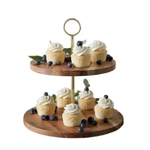 Elegante Groothandel Mooi Design Mango Hout En Metaal Dessert Buffet Torenhouder 2-Tier Cake Stand Voor Cupcakes