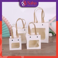 Sacs en papier kraft faits à la main biodégradables personnalisables avec fenêtres carrées, impression OEM, couleur personnalisée, design mignon, petits cadeaux recyclés