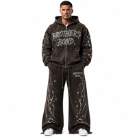 Sweat-shirt à capuche zippé surdimensionné Brothers Bond pour homme, en coton French Terry, noir délavé avec strass et poches