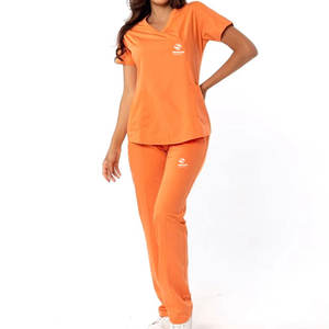 Conjunto de uniforme regular con cuello en V naranja, uniforme de enfermería atlético, conjunto de uniforme elástico sólido, trajes de hospital y ropa de trabajo de manga corta - Product Image 1
