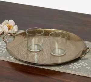 Bandeja de exhibición de Eid de Ramadán brillante redonda pulida de oro más vendida con asa bandeja de fruta martillada decorativa plato de pastel de postre - Product Image 2