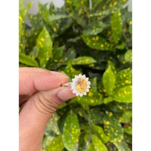 Anillo de Mujer Hecho a Mano con Piedra Preciosa Natural Citrino, Corte Ovalado, Chapado en Rodio, Plata de Ley 925, Engaste Pavé Vintage - Product Image 3