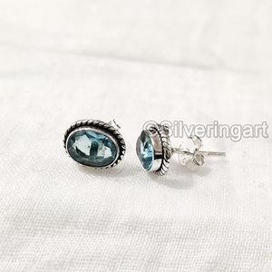 Pendientes de Botón para Mujer, Topacio Azul Natural, Regalo de Navidad o San Valentín, Joyería Hecha a Mano, Plata de Ley 925 - Product Image 5