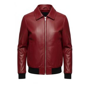 Veste d'hiver pour homme en cuir véritable de qualité supérieure, vert foncé, coupe ajustée, style bomber, col mandarin, logo sur le devant, respirante - Product Image 4