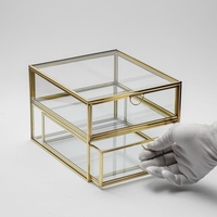 Caja Organizadora Cuadrada de Latón y Vidrio de Lujo Moderno, con Dos Cajones, para Joyería, Mini Accesorios, Uso en Sala de Estar, Ahorro de Espacio