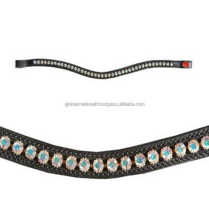 Banda de ceja de caballo de cuero de canal vacío con costura de borde de contraste de calidad de exportación con cadena brillante de cristales verdes grandes - Product Image 6