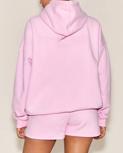 ชุดกางเกงขาสั้นมีฮู้ดสองชิ้นสำหรับผู้หญิงชุดเสื้อฮู้ดกันหนาวทรงโอเวอร์ไซส์พิมพ์โลโก้ได้ตามต้องการ - Product Image 4