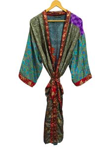Swim Wear Soft Silk Bathrobe Multi Color Robe Night Wear Robe Indian Vintage Recycled Silk Sari <b>Kimono</b>, - Product Image 3