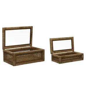Wholesale Decorative Box Rattan Handmade Woven Rattan boxes Cane and Rattan Display Box with glass made in Viet Nam