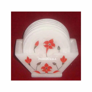 Ensemble de dessous-de-verre en marbre blanc naturel de forme ronde, marbre blanc pur, beau design incrusté de fleurs, pour la décoration de la maison et de l'hôtel - Product Image 1