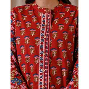 Blusa Elegante de Algodón Estampado Butta Rojo Oscuro para Mujer, Cuello Asimétrico, Botones Delanteros, Encaje Bordado Floral, Corta, Talla XL - Product Image 2