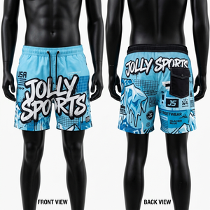 Short de bain homme en microfibre polyester premium 120 GSM, bleu glacier, impression par sublimation, logo personnalisé, cordon de serrage, poche. - Product Image 3