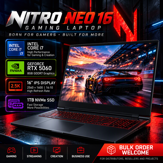 Wholesale For Acer Nitro Neo 16 Gaming Laptop Intel Core i7 RTX 5060 8GB 16 Inch 2.5K IPS Display 1TB SSD Gaming Notebook