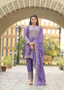 Conjunto de Kurta Palazzo de Seda Pesada con Bordado Tradicional y Dupatta para Mujer, Estilo Bollywood, para Festivales, Fiestas y Uso Casual - Product Image 2