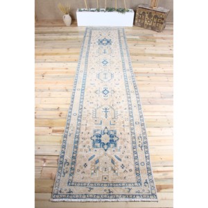 Tapis turc vintage 3,6x14,1 pieds, tapis beige géométrique en laine - Product Image 1
