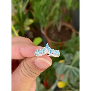 925 Silver Blue Topaz Tiara Ring Rhodium Plated with Pear & Oval Cut <b>Diamonds</b> Geometric Marquise Pattern for Engagement Gift - Product Image 1