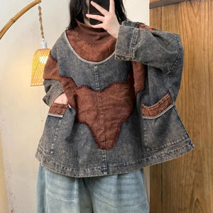 Printemps Automne Nouveaux Arts Style Femmes Manches Col Roulé Pulls Coton Denim Vintage Patchwork Lâche À Capuche Manteau - Product Image 3