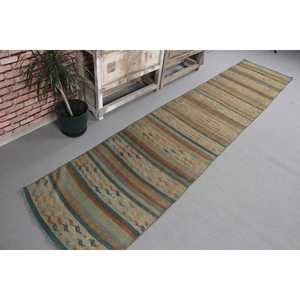 Vintage Rug, 2.4x11.2 ft Runner Rug, <b>Brown</b> Floral <b>Wool</b> Turkish Rug - Product Image 3
