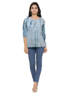 เสื้อผ้าฝ้ายปักลายมัดย้อมสีน้ำเงินสำหรับผู้หญิง คอรูปทรงรูกุญแจ แขนสามส่วน ทรงตรงเพื่อการสวมใส่สบาย - Product Image 3