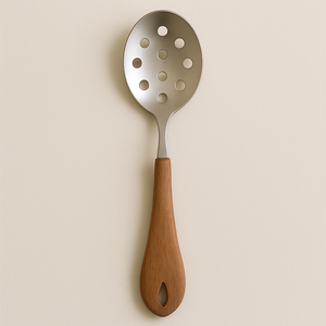 Cuillère à fente moderne en acier inoxydable de qualité supérieure Ustensile de cuisine ergonomique à manche en bois pour la cuisine et les fêtes - Product Image 1