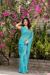 ZAIN EXPORT RICH LOOK <b>SATIN</b> HEAVY FUAX GEOREGTTE ZARI SAREE for PARTY with QUICK DRY UNSTITCHED <b>BLOUSE</b> Casual All Seasons - Product Image 5