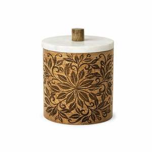 NEW ARRIVAL Wooden Storage Jar <b>with</b> Ginkgo Leaf Carving and Marble <b>Lid</b> Handcrafted Acacia Wood Botanical - Product Image 5